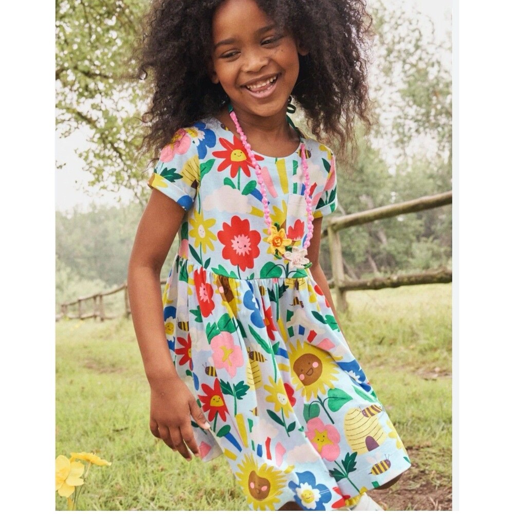 Mini Boden Short Sleeve Fun Jersey Dress Size 6-7 Years Floral Bees Sun Spring